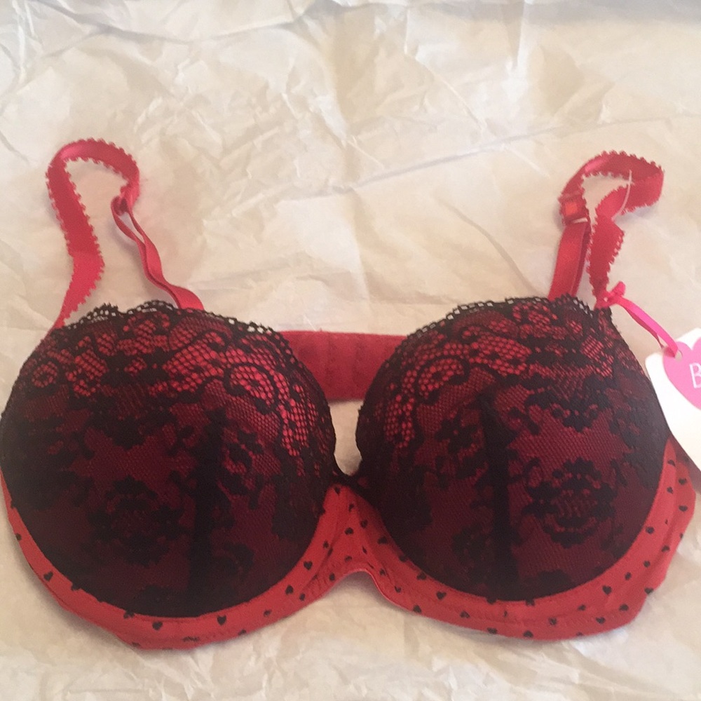 Red and black pin dot push up bra